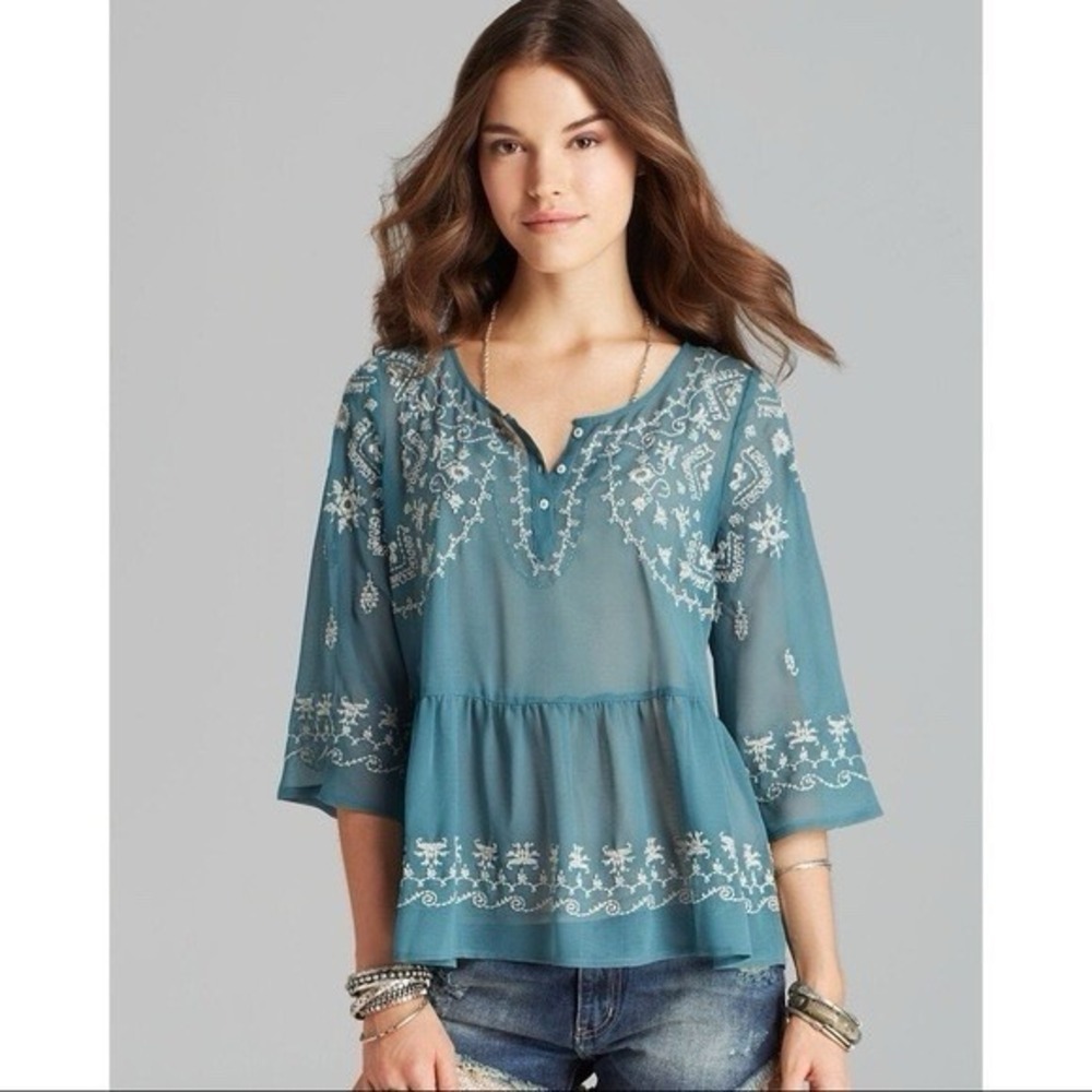 FREE PEOPLE Pennies Sequel Sz L Embroidered Floral Blouse Sheer Teal Peplum Top